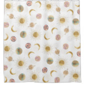 金ゴールドサンムーンプラデッツ宇宙ホワイトイラストレーション シャワーカーテン (正面)