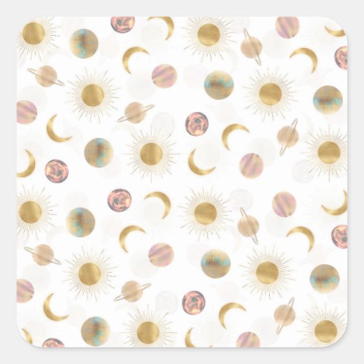金ゴールドサンムーンプラデッツ宇宙ホワイトイラストレーション スクエアシール (正面)