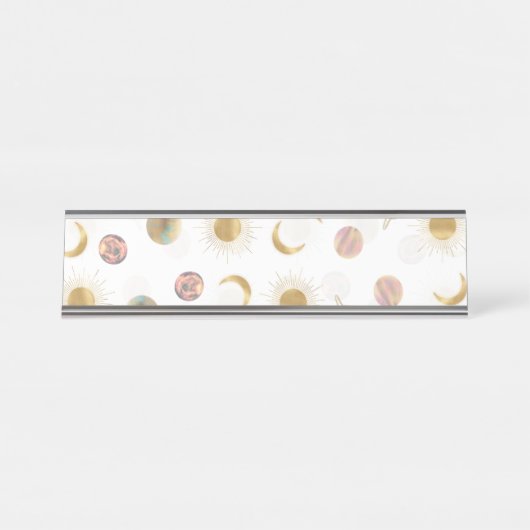 金ゴールドサンムーンプラデッツ宇宙ホワイトイラストレーション デスクネームプレート (正面)