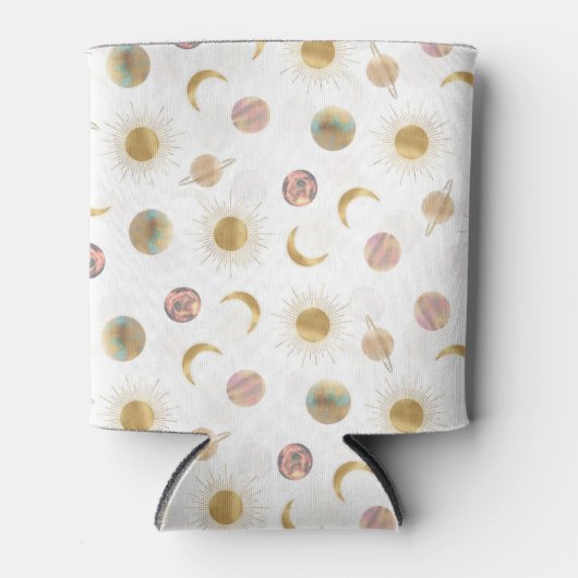 金ゴールドサンムーンプラデッツ宇宙ホワイトイラストレーション 缶クーラー (正面)