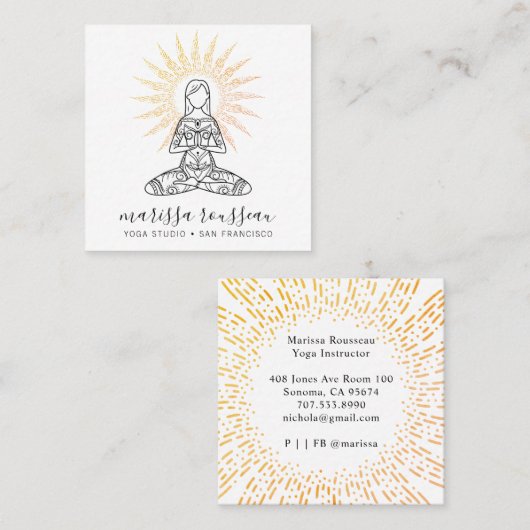 金ゴールドサンレイズロータスポーズヨガインストラクター スクエア名刺 (正面/裏面)