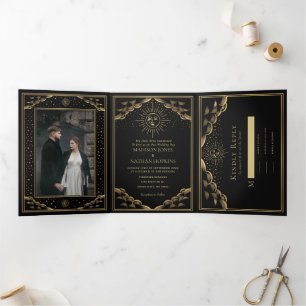 金ゴールドサン&ムーンタロットカー結婚ド 三つ折り招待状