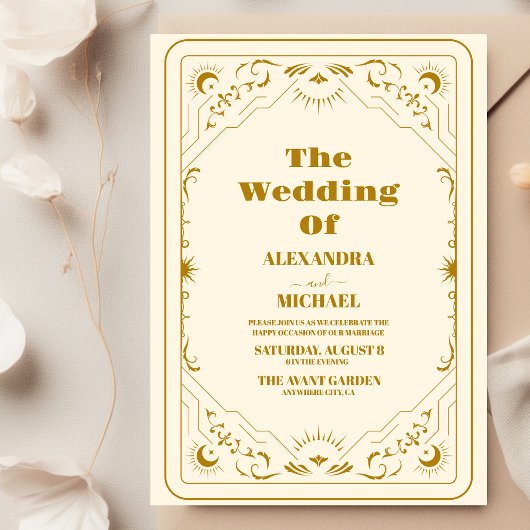 金ゴールドサン&ムーンタロットカー結婚ド 招待状