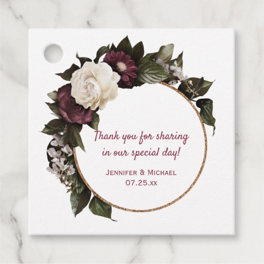 金ゴールドサークルブルゴーニュと赤面ピンクフローラリース フェイバータグ (正面)