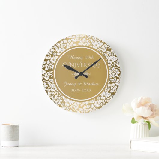 金ゴールドサークルホワイトダマスク – 50周年記念 ラージ壁時計 (ホーム)