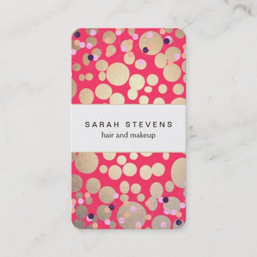 金ゴールドサークル&カラフル紙吹雪美しいサロンピンク 名刺 (正面)