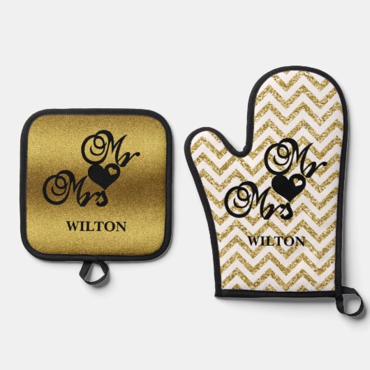 金ゴールドシェブロンミセス・ハート・モノグラムゴールデン 鍋つかみ&鍋敷きセット (正面)