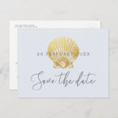 金ゴールドシェルフェイクフォイルビーチ結婚式日付の保存 案内ポストカード (正面/裏面)