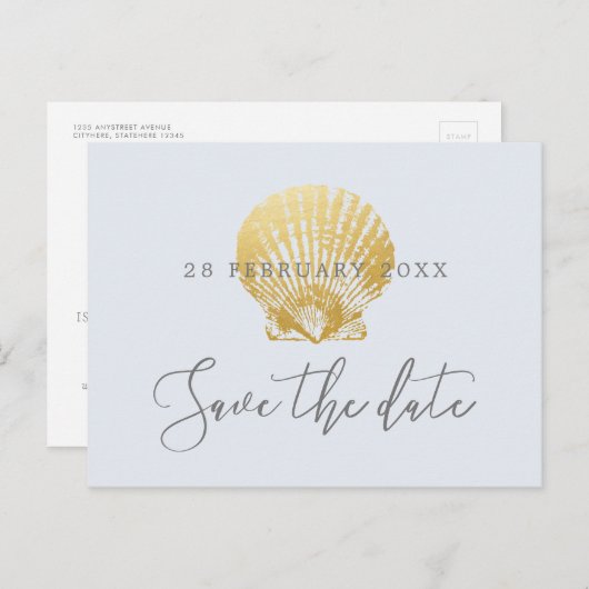金ゴールドシェルフェイクフォイルビーチ結婚式日付の保存 案内ポストカード (正面/裏面)