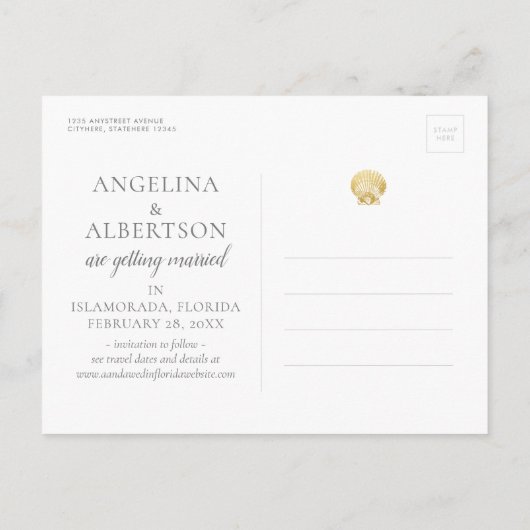 金ゴールドシェルフェイクフォイルビーチ結婚式日付の保存 案内ポストカード (裏面)
