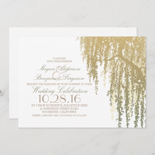 金ゴールドシェードウィローツリーエレガントウェディング 招待状 (正面/裏面)