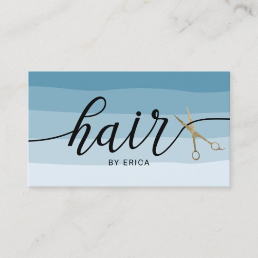 金ゴールドシザータイポグラフィブルーシェード美容師 名刺 (正面)