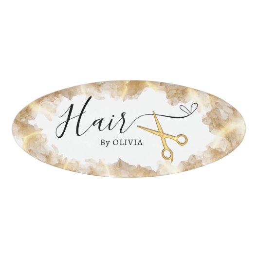 金ゴールドシザーヘアーカット美しいサロン エレガント 名札 (正面)