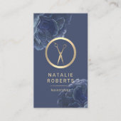 金ゴールドシザーヴィンテージブルーフローラ美容師 名刺 (正面)