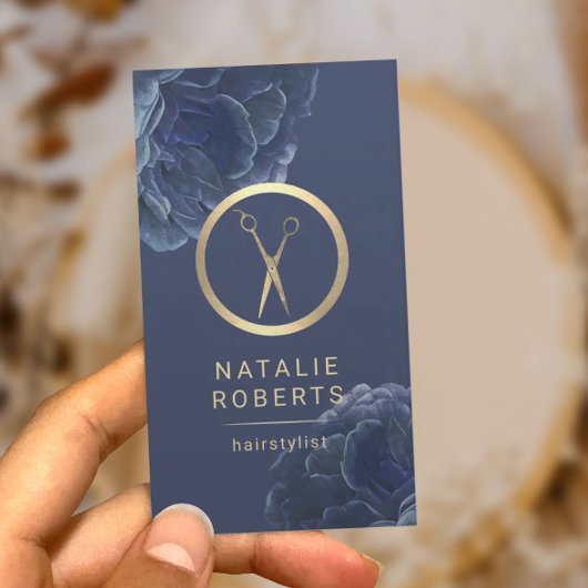 金ゴールドシザーヴィンテージブルーフローラ美容師 名刺