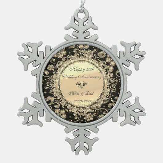 金ゴールドシックフローラダイヤモンド結婚50周年 スノーフレークピューターオーナメント (正面)