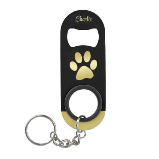 金ゴールドシャイニーな犬の手を黒い背景に キーホルダー栓抜き (正面)