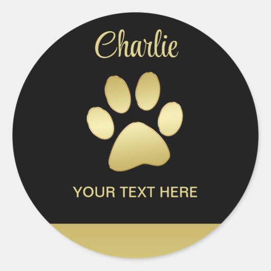 金ゴールドシャイニーな犬の手を黒い背景に ラウンドシール (正面)