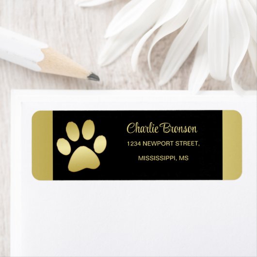 金ゴールドシャイニーな犬の手を黒い背景に ラベル (インサイチュ)