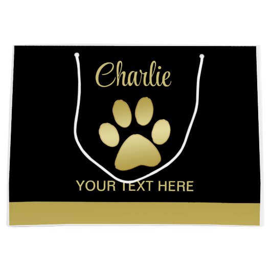 金ゴールドシャイニーな犬の手を黒い背景に ラージペーパーバッグ (正面)