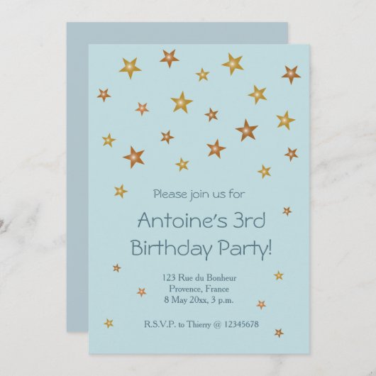 金ゴールドシャイニースターズライトブルーベビー子供の誕生日 招待状 (正面/裏面)