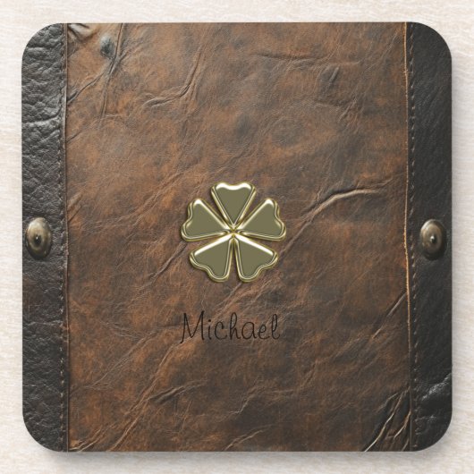金ゴールドシャムロックサンパトリックの日，ブラウンレザー コースター (正面)