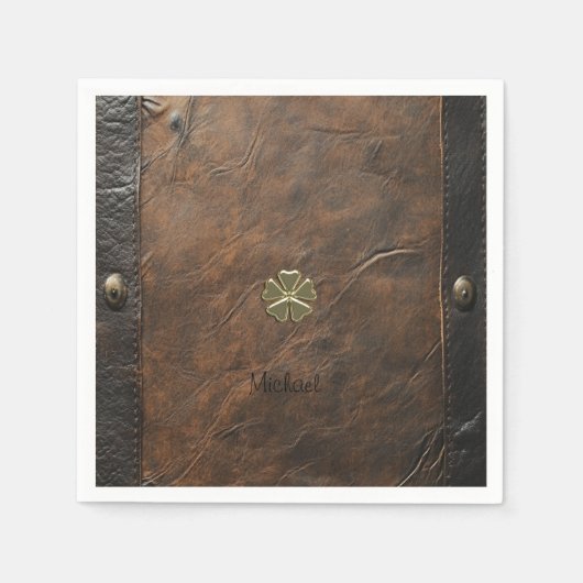 金ゴールドシャムロックサンパトリックの日,ブラウンレザー スタンダードカクテルナプキン (正面)