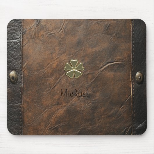 金ゴールドシャムロックサンパトリックの日，ブラウンレザー マウスパッド (正面)