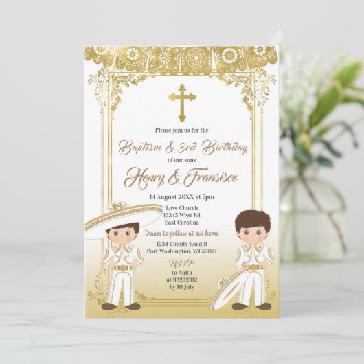 金ゴールドシャルロメキシコ双子バプテスマ&第三誕生日 招待状 (スタンド正面)