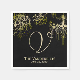 金ゴールドシャンデリア結婚オンブラックポーズナプキンス スタンダードカクテルナプキン