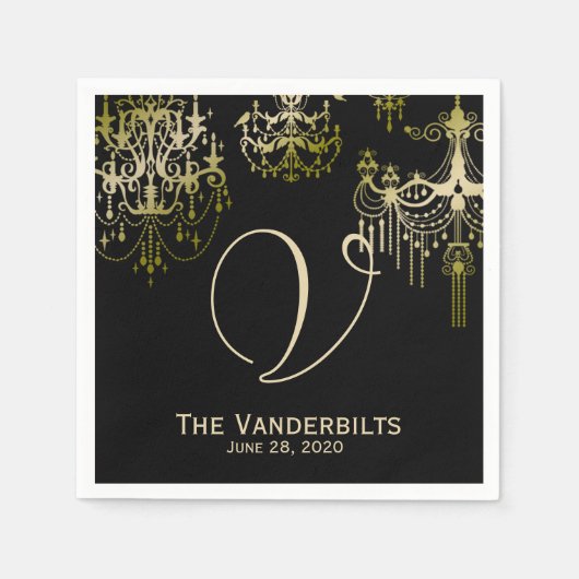金ゴールドシャンデリア結婚オンブラックポーズナプキンス スタンダードカクテルナプキン (正面)