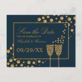 金ゴールドシャンパンの泡、青と金ゴールド、日付の保存 案内ポストカード (正面)