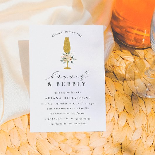 金ゴールドシャンパンウォーターカラーフローラブランチ&バブリー 案内状