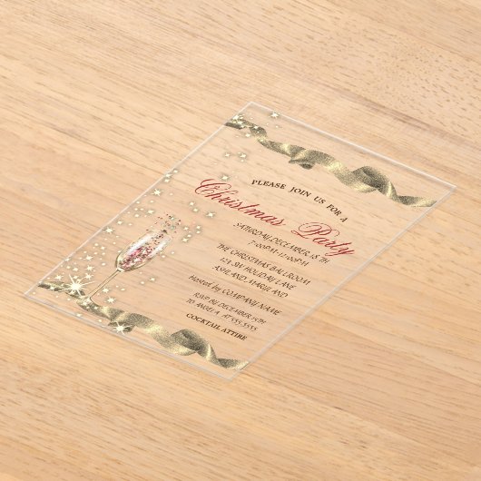 金ゴールドシャンパングラス企業のクリスマスパーティー アクリル招待状 (レイダウン)