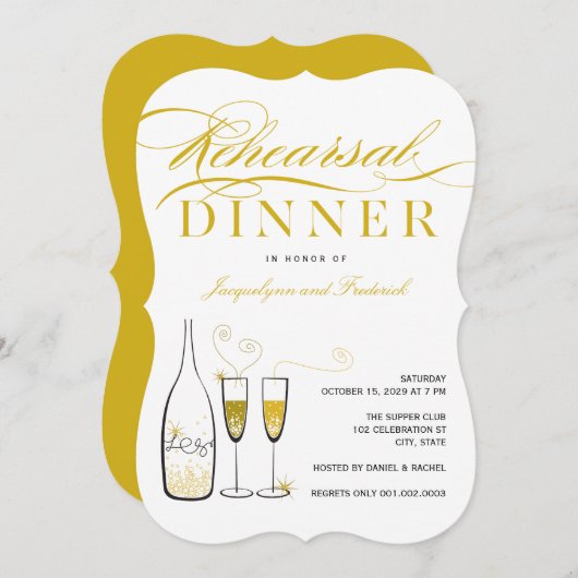 金ゴールドシャンパンシック結婚ズリハーサルディナーパーティー 招待状 (正面/裏面)