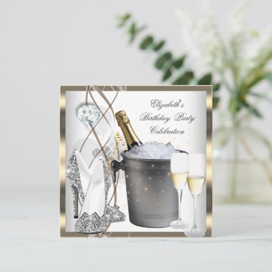 金ゴールドシャンパンハイヒールエレガントシルバー誕生日 招待状 (スタンド正面)