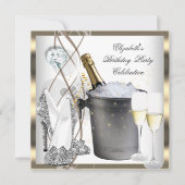 金ゴールドシャンパンハイヒールエレガントシルバー誕生日 招待状 (正面)