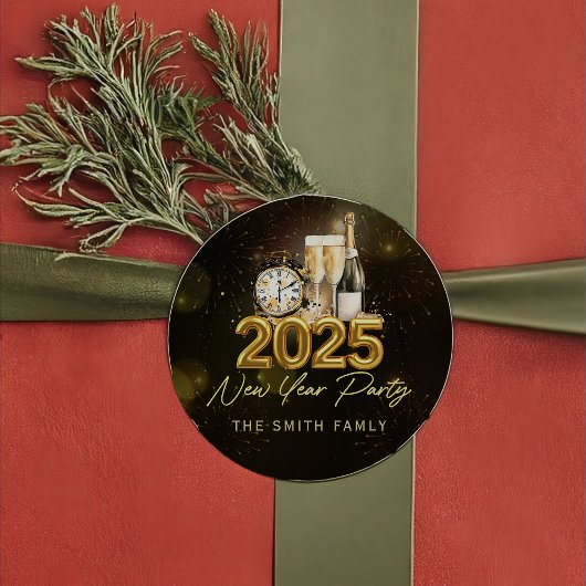 金ゴールドシャンパンハッピーニューイヤー2025ステッカー ラウンドシール
