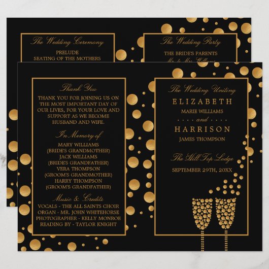 金ゴールドシャンパンバブルズブラックゴールド結婚式 プログラム (正面/裏面)