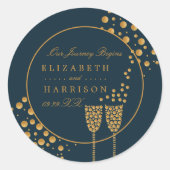 金ゴールドシャンパンバブルブルー&金ゴールド結婚ズ ラウンドシール (正面)