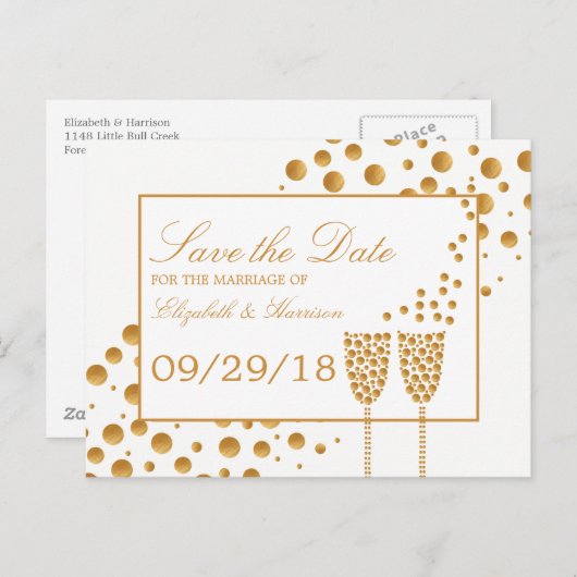 金ゴールドシャンパンバブル結婚式の日付を保存 案内ポストカード (正面/裏面)
