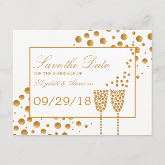 金ゴールドシャンパンバブル結婚式の日付を保存 案内ポストカード (正面)