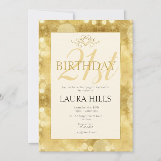 金ゴールドシャンパンバブル21歳の誕生日招待状 招待状 (正面)