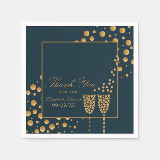 金ゴールドシャンパンバブル – 青と金ゴールド- 結婚s スタンダードカクテルナプキン (正面)