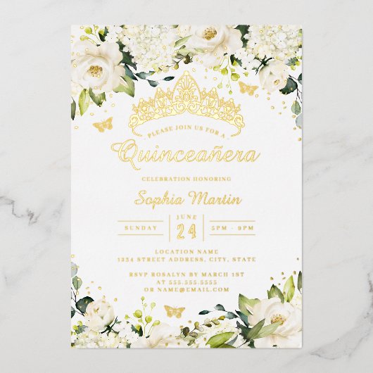 金ゴールドシャンパンホワイトフローラキンセアニェラ 箔招待状 (正面)