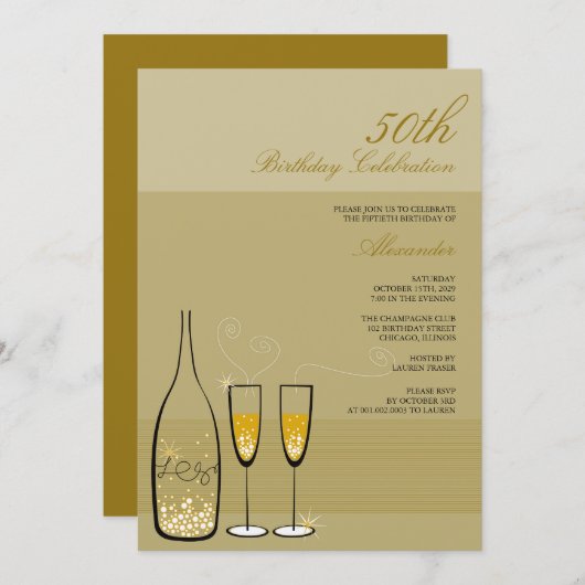 金ゴールドシャンパンマイルストーンバースデーパーティーの招待 招待状 (正面/裏面)
