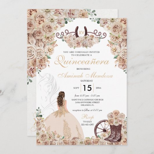 金ゴールドシャンパ素朴ンウェスタンホースキンセアニラ 招待状 (正面/裏面)