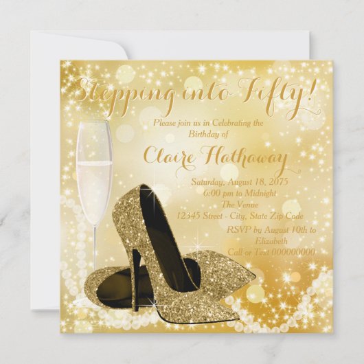 金ゴールドシューズ誕生日パーティーに踏み込む任意の番号 招待状 (正面)