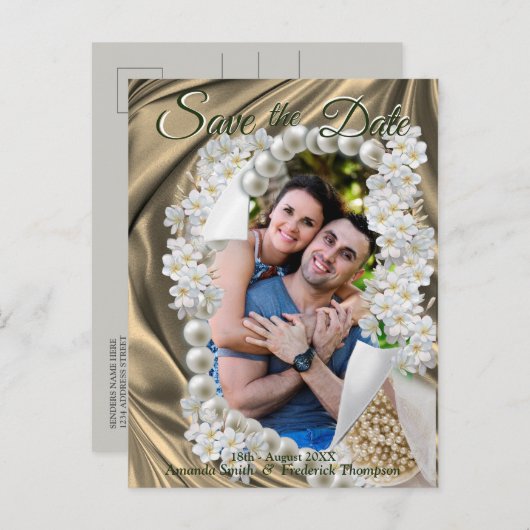 金ゴールドシルク&アイボリー真珠の日付を保存 案内ポストカード (正面/裏面)