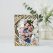 金ゴールドシルク&アイボリー真珠の日付を保存 案内ポストカード (スタンド正面)